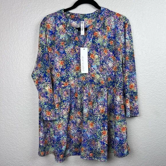 Dear Scarlett Women's Lizzy Babydoll 3/4 Sleeve Top Multicolor Fireworks 2X - Picture 2 of 8